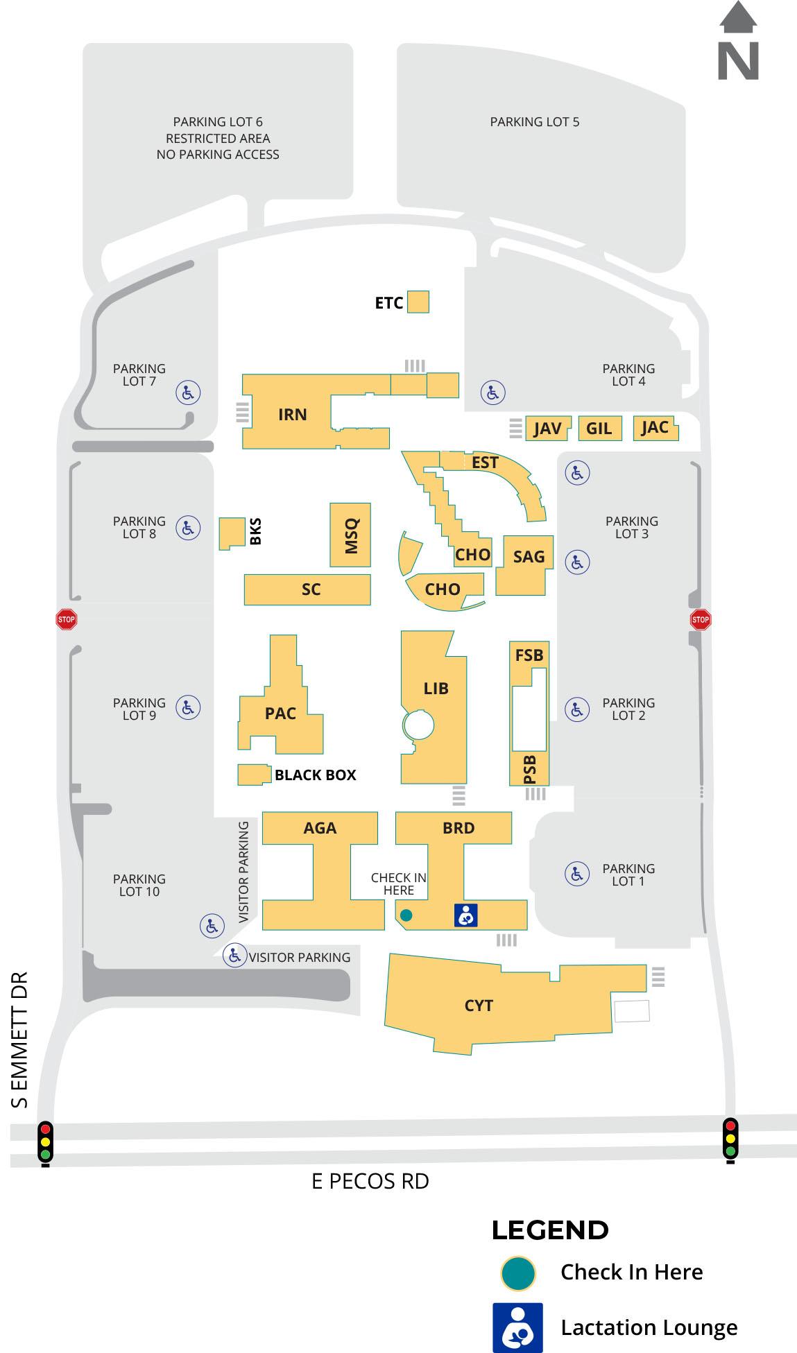 Pecos Campus map showing the Lactation Room location and check-in point.
