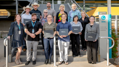 CGCC Big Pitch winners pose with their awards outside Ironwood Hall at CGCC's Pecos campus