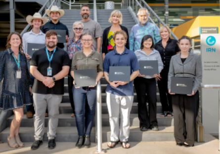 CGCC Big Pitch winners pose with their awards outside Ironwood Hall at CGCC's Pecos campus