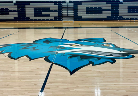 The CGCC Coyote logo on the basketball court