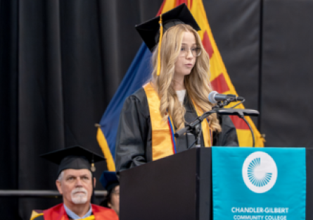Kaitlin Greathouse at speaking at the 2025 CGCC Commencement ceremony