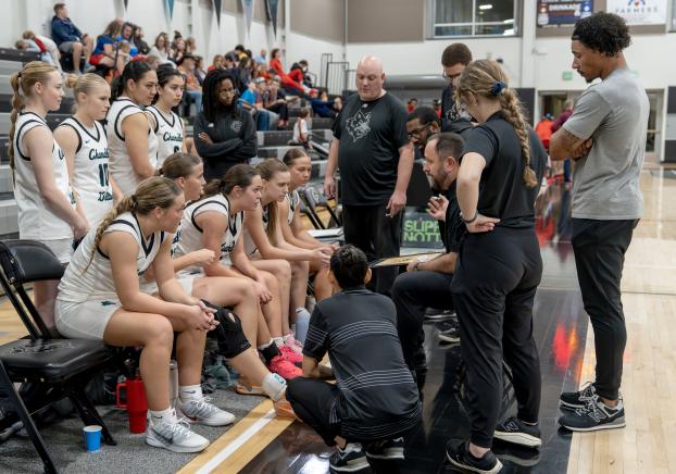 Girls basketball team huddling with coaches.